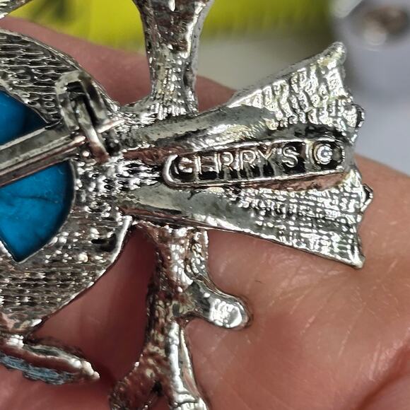 Vintage Gerry's Owl Brooch Women's Silver Faux Turquoise Cabochon Autumn Birding - Picture 6 of 8